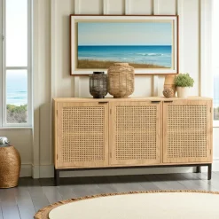 PALMA Buffets Scandinaves|Buffets Scandinaves|Buffet bois clair 2 portes rotin 3 tiroirs pieds métal