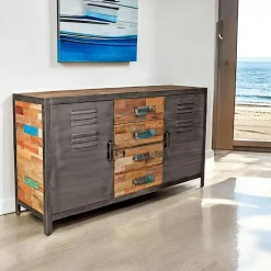 Caravelle Buffets Industriels|Buffets Industriels|Buffet bois recyclé 4 tiroirs bois recyclé 2 portes métalliques 160x45x90cm