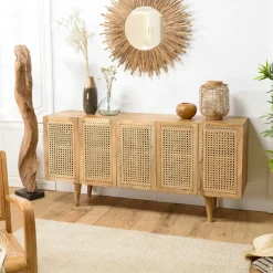 MALAGA Buffets En Bois|Buffets En Bois|Buffet en cannage et bois de manguier 5 portes