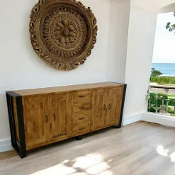 Docker Buffets Industriels|Buffets Industriels|Buffet enfilade hévéa recyclé naturel et métal noirci 3 tiroirs 3 portes 150X45X90cm