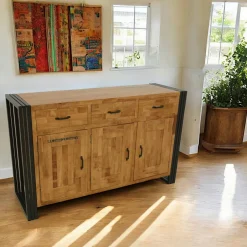 Docker Buffets Industriels|Buffets Industriels|Buffet enfilade hévéa recyclé naturel et métal noirci 4 tiroirs 4 portes 220X45X90cm