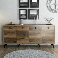 UMEA Buffets Contemporains|Buffets Contemporains|Buffet moderne 4 portes effet noyer, poignées à anneaux