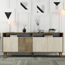 UMEA Buffets Contemporains|Buffets Contemporains|Buffet moderne effet bois et travertin 4 portes 2 niches