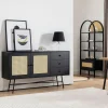 VAREN Buffets Contemporains|Buffets Contemporains|Buffet noir bohème avec cannage, 2 portes 3 tiroirs