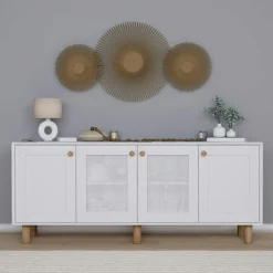 VAREN Buffets Contemporains|Buffets Contemporains|Buffet salle à manger blanc 4 portes à détail cadre