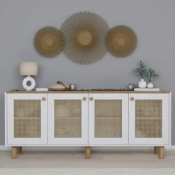 VAREN Buffets Contemporains|Buffets Contemporains|Buffet salle à manger blanc 4 portes à détail cadre