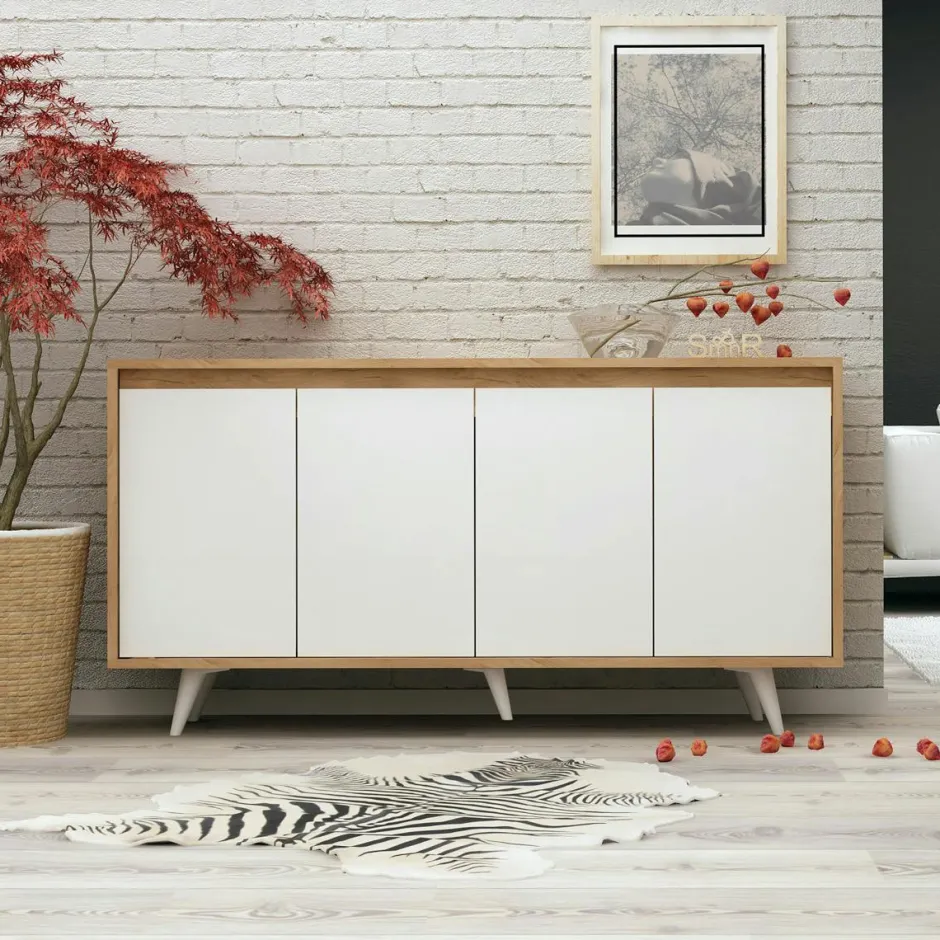 JENA Buffets Contemporains|Buffets Contemporains|Buffet scandinave bicolore, 4 portes blanches