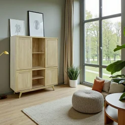 Sixties Vaisseliers En Bois|Vaisseliers En Bois|Buffet Vaisselier Hévéa 4 portes coulissantes 130x42x154cm