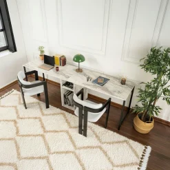 MARFA Bureaux En Bois|Bureau double avec rangement central - plateau effet marbre