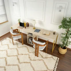 MARFA Bureaux En Bois|Bureau double avec rangement central - plateau effet travertin