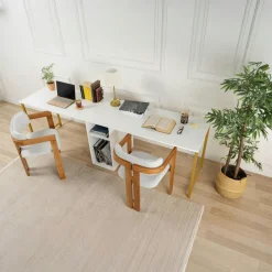 MARFA Bureaux En Bois|Bureau double blanc avec rangement central intégré