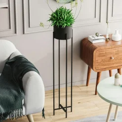 Caches-Pots|Cache-pot sur pied en métal noir – style moderne, 108 cm