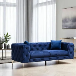 DOVER Canapés En Tissu|Canapé 2 places bleu nuit en velours capitonné