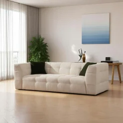 RAVELLO Canapés En Tissu|Canapé 3 places capitonné kaki, coussins assortis