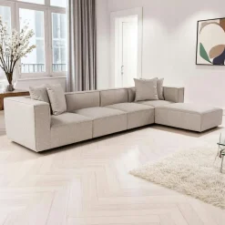 COLLIOURE Canapés En Tissu|Canapés D'Angle|Canapé 5 places en lin beige - avec pouf