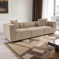 COLLIOURE Canapés En Tissu|Canapés D'Angle|Canapé 5 places en lin beige - avec pouf