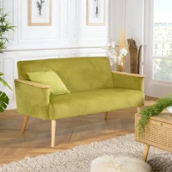 TIM Canapés En Tissu|Canapés 2 Places|Canapé 2 places en velours vert et bois