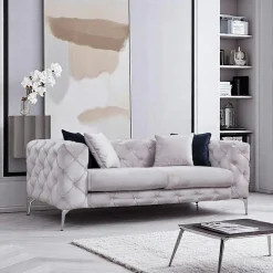 DOVER Canapés En Tissu|Canapé 2 places gris clair en velours capitonné