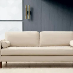 CHIBA Canapés En Tissu|Canapé 2 places velours beige crème, coussins polochons