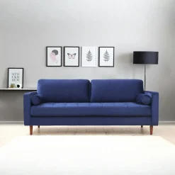 CHIBA Canapés En Tissu|Canapé 3 places velours bleu avec coussins polochons