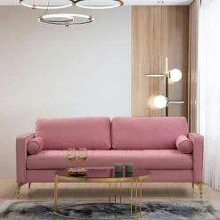 CHIBA Canapés En Tissu|Canapé 3 places velours rose avec coussins polochons