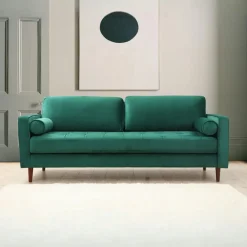 CHIBA Canapés En Tissu|Canapé 3 places velours vert avec coussins polochons