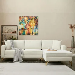 NEOLIA Canapés En Tissu|Canapés D'Angle|Canapé d'angle blanc crème, pieds dorés (côté droit)