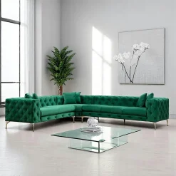 DOVER Canapés 3 Places|Canapés En Tissu|Canapé d'angle vert en velours capitonné - côté gauche