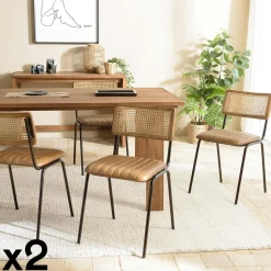 TIM Chaises Capitonnées|Chaises En Rotin|Chaise assise cuir havane dossier rotin (lot de 2)