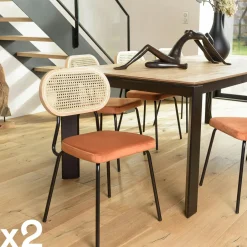 PALMA Chaises En Bois|Chaises Contemporaines|Chaise assise velours orange dossier rotin (lot de 2)