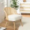 TIM Chaises En Bois|Chaises En Rotin|Chaise basse bois clair tissu blanc bouclé et rotin