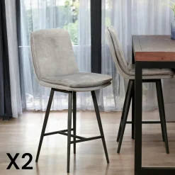 OKA Tabourets De Bar En Velours|Chaise de bar en velours bleu à double coussinage (lot de 2)