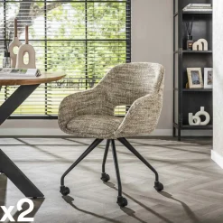 CREEK Chaises Avec Accoudoirs|Chaises Contemporaines|Chaise de bureau à roulettes en tissu sable chiné (lot de 2)