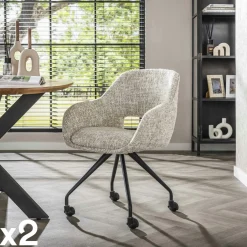 CREEK Chaises Avec Accoudoirs|Chaises Contemporaines|Chaise de bureau à roulettes en tissu gris clair chiné (lot de 2)