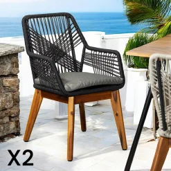 GRENADE Chaises De Jardin|Chaise de jardin noire en corde tressée et pieds bois FSC® (lot de 2)