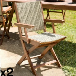 BAHIA Chaises De Jardin|Chaise de jardin pliante bois d'acacia rotin synthétique (lot de 2)