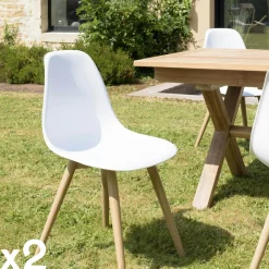 GIJON Chaises De Jardin|Chaise de jardin style scandinave assise blanche pieds couleur naturelle (lot de 2)