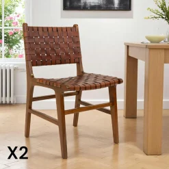 MENDOZA Chaises En Bois|Chaises En Teck|Chaise en bois et cuir tressé noir (lot de 2)