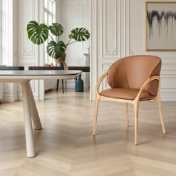 Meubles De Cuisine·Chaises|Chaises En Bois|Chaise en cuir terracotta dos rond accoudoirs bois noir ALDER