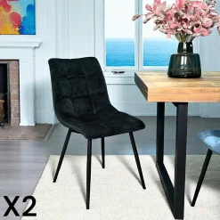 PALERME Meubles De Cuisine·Chaises|Chaises Velours|Chaise en velours noir motif damier (lot de 2)