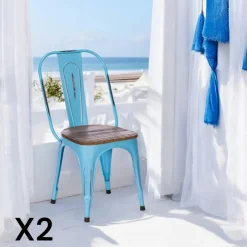 LEEDS Chaises Industrielles|Meubles De Cuisine·Chaises|Chaise industrielle métal bleu bois recyclé (lot de 2)