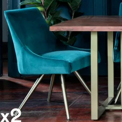 HOBART Chaises Capitonnées|Chaises Velours|Chaise velours bleu lagon (lot de 2)