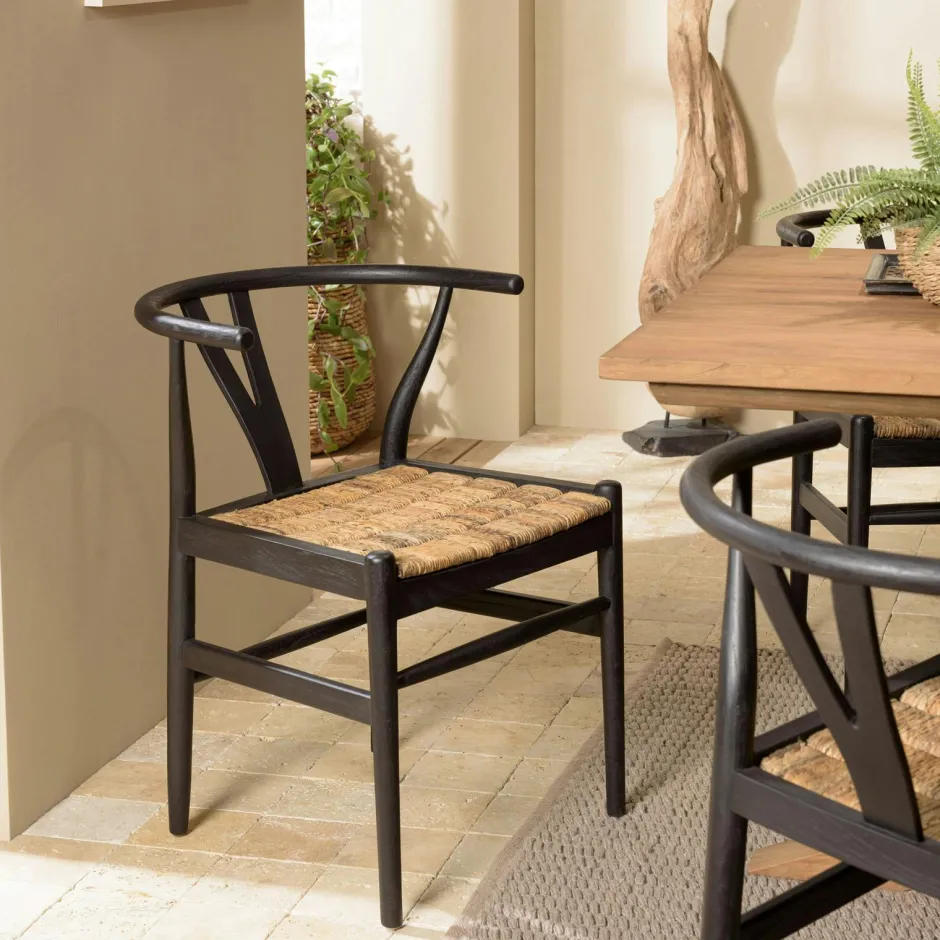 Swing Chaises En Bois|Meubles De Cuisine·Chaises|Chaise vintage bois noir recyclé et cannage chanvre tressé