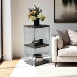 LHASA Meubles De Rangement·Petits Meubles De Rangement|Colonne vitrine design - bois gris foncé, 3 plateaux