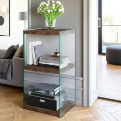 LHASA Meubles De Rangement·Petits Meubles De Rangement|Colonne vitrine design - bois brun, 3 plateaux