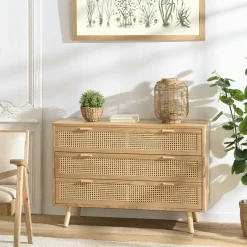 ALGA Commodes En Bois|Commodes Scandinaves|Commode 3 tiroirs bois clair et cannage