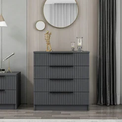 BYRON Commodes En Bois|Commode chambre 4 tiroirs, façade grise rainurée