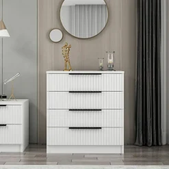 BYRON Commodes En Bois|Commode chambre 4 tiroirs, façade grise rainurée