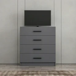 MARFA Commodes En Bois|Commode de chambre grise 4 tiroirs, poignées baguettes