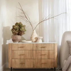 MASSA Commodes En Bois|Commodes Blanches|Commode en bois de manguier et marbre 3 tiroirs